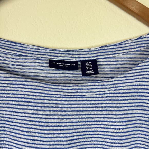 Adrienne Vittadini Top Womens 1X Plus Blue White Striped Linen Roll Tab Shirt - Picture 8 of 8